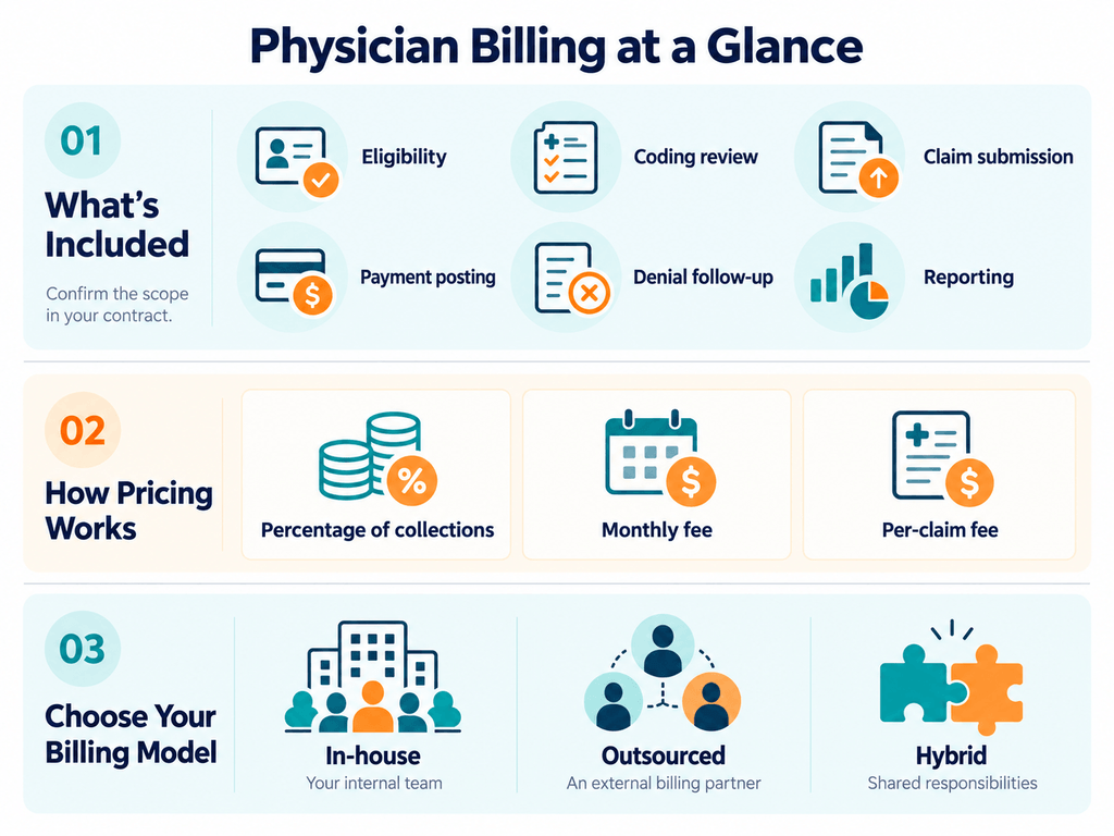 Physician billing overview showing six service functions, three pricing models, and in-house, outsourced, and hybrid billing options.